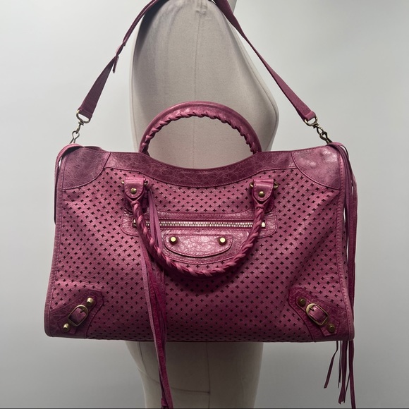 BALENCIAGA Purple Pink Perforated Fuchsia Leather GIANT GOLD HW MINI CITY BAG - Picture 5 of 15